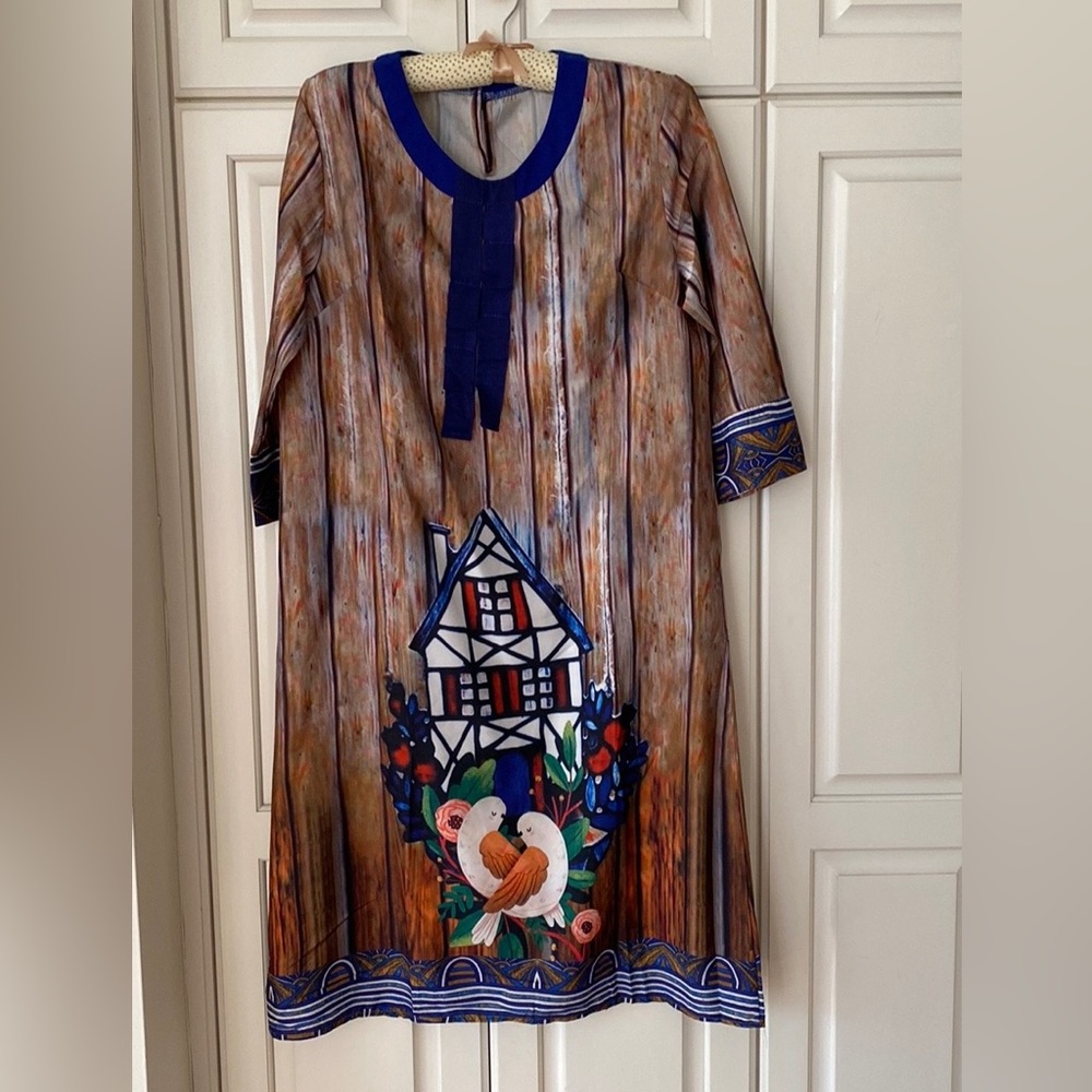 Elan robe dress colorful Print brown blue round neck 3/4 sleeve size M